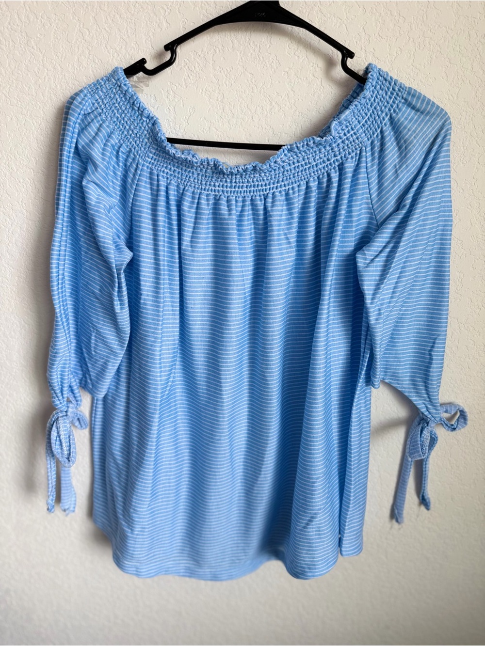 Passport Light Blue Striped Off-Shoulder Tie-Sleeve Tunic